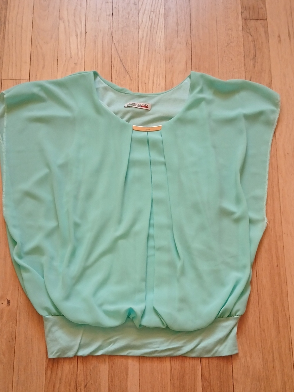 Sleeveless Mint Green Pleated Blouson Top with Gold Bar Detail